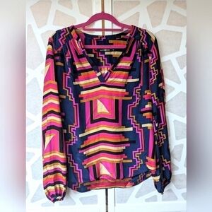 Alice & Trixie 100% Silk Flowy Geometric Print Jewel Tones Boho Top, Size XS.